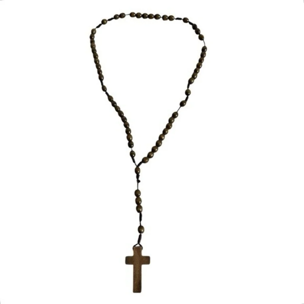 Catholic Wood Rosary Brown Beaded INRI Crucifix Prayer Necklace 17